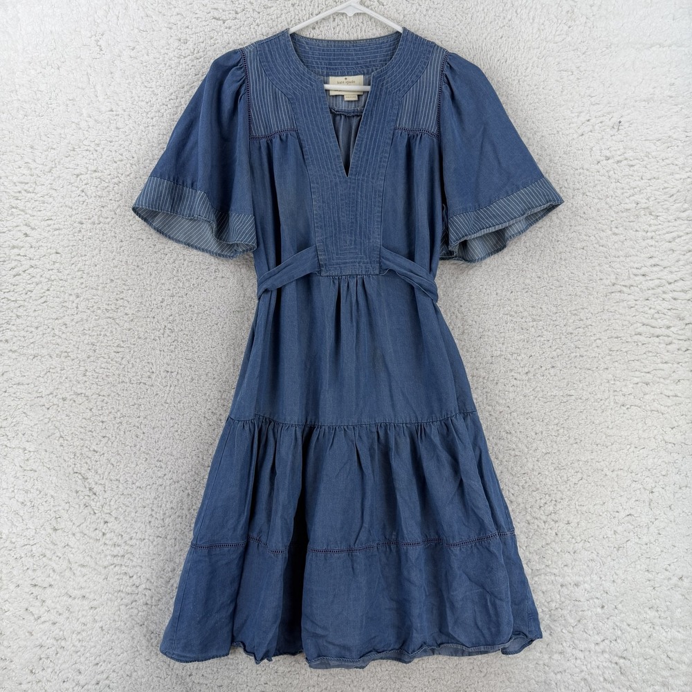 Kate Spade Havana Dress Womens Small Blue Chambray Flutter Sleeve NJMU8997